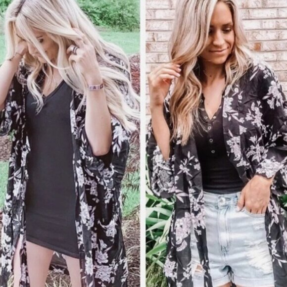 Spiritual Gangster • Maya floral Kimono Robe Beach Coverup O/S black white flowy - Picture 2 of 12